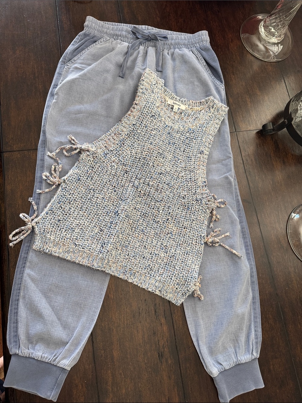 Splendid Collection Woman Light Blue Knit Side-Tie Top (xs), Jogger Pant (s) SET